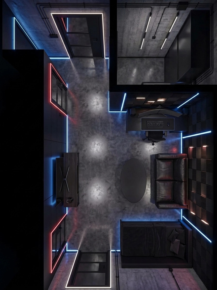 التصميم الداخلي بنمط Blacktec — غرفة المعيشة من GenRoom AI