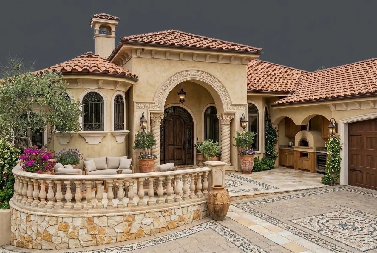 Facade design in Mediterranean Facade style — photo by GenRoom AI