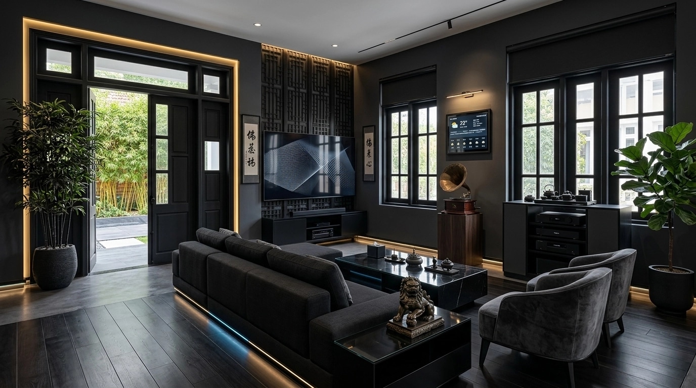 Design d'interni in stile Blacktec — Soggiorno di GenRoom AI