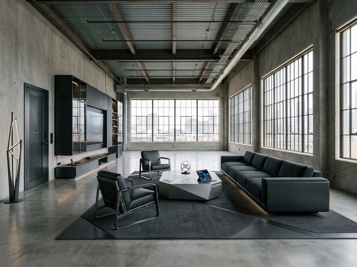 Design d'interni in stile Blacktec — Soggiorno di GenRoom AI