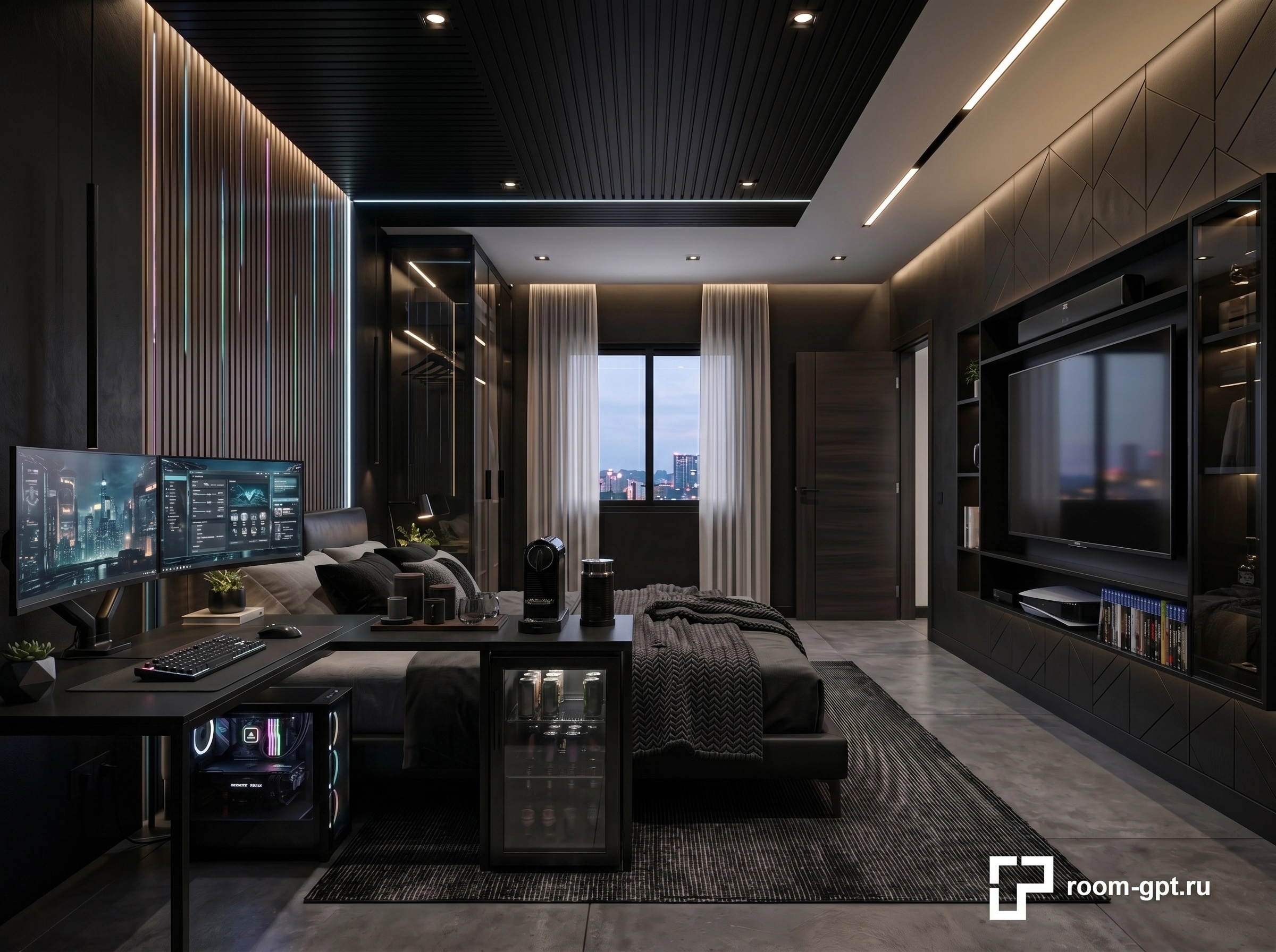 التصميم الداخلي بنمط Blacktec — غرفة النوم من GenRoom AI