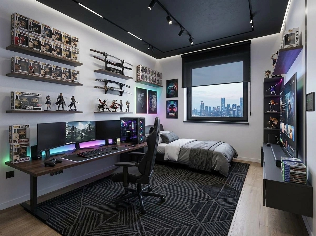 Design d'interni in stile Blacktec — Soggiorno di GenRoom AI