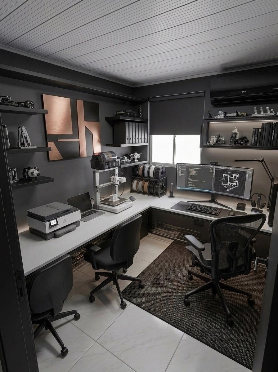 Office interior in Blacktec style — photo by GenRoom AI