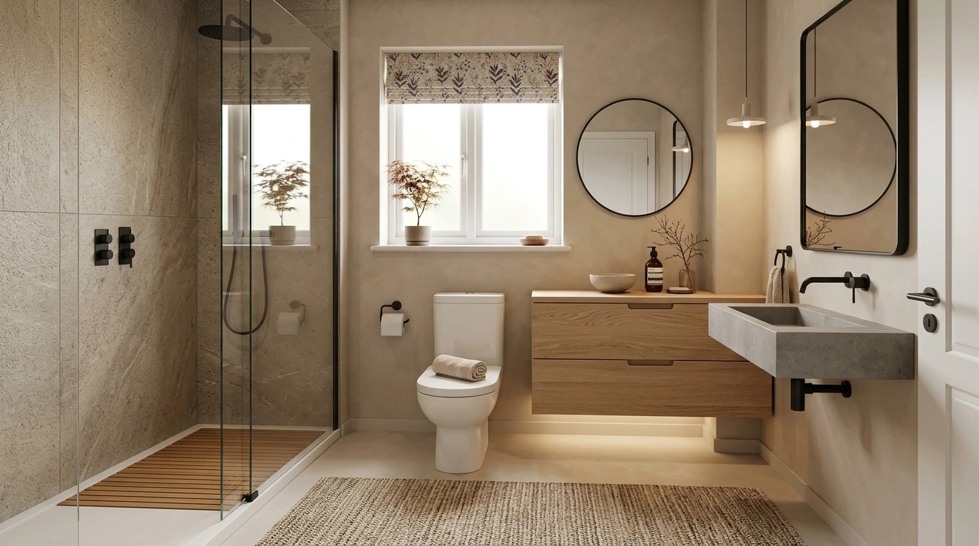 Bathroom interior in Japandi style — photo by GenRoom AI