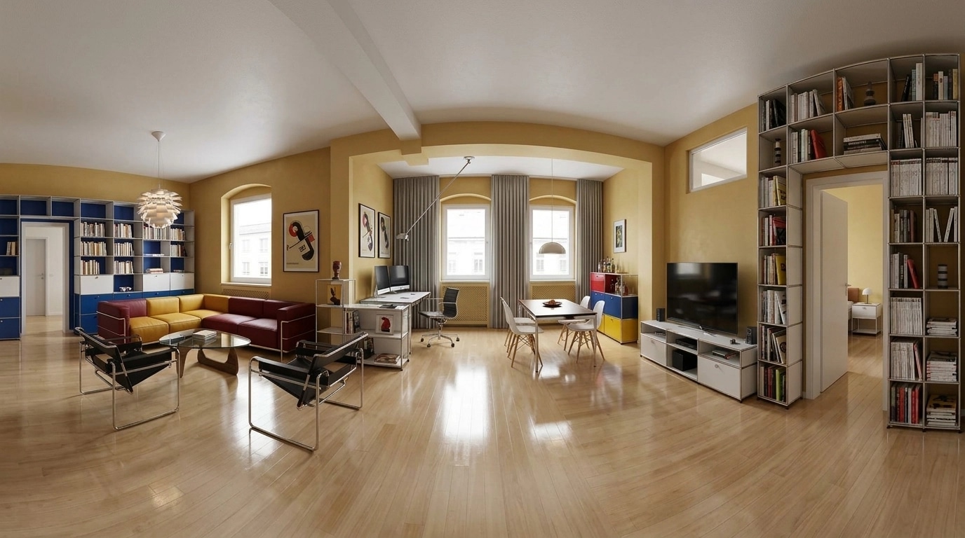 التصميم الداخلي بنمط Bauhaus — غرفة المعيشة من GenRoom AI