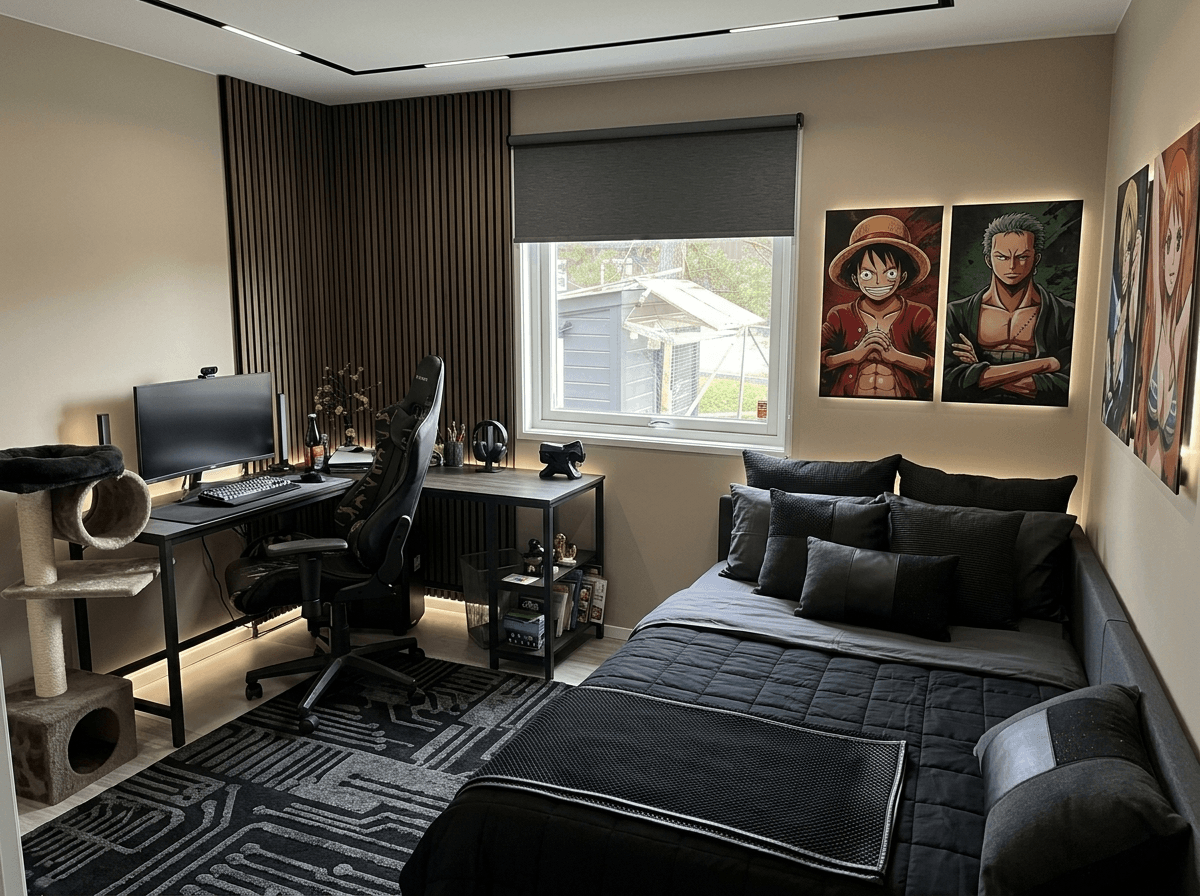 İç mekân tasarımı Blacktec stili — Yatak Odası GenRoom AI