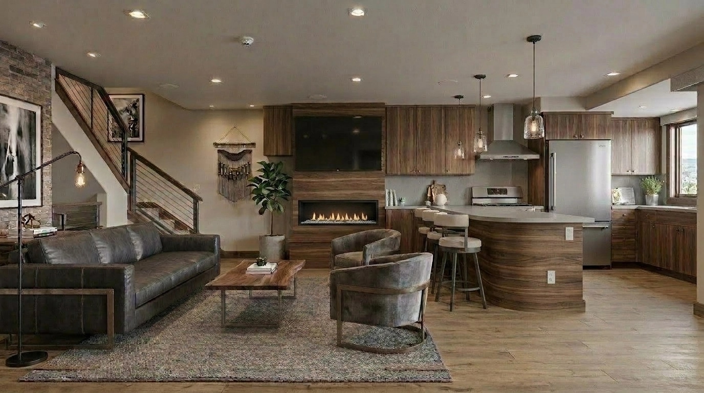 Interior desain di Loft / Industrial gaya — Ruang Tamu oleh GenRoom AI