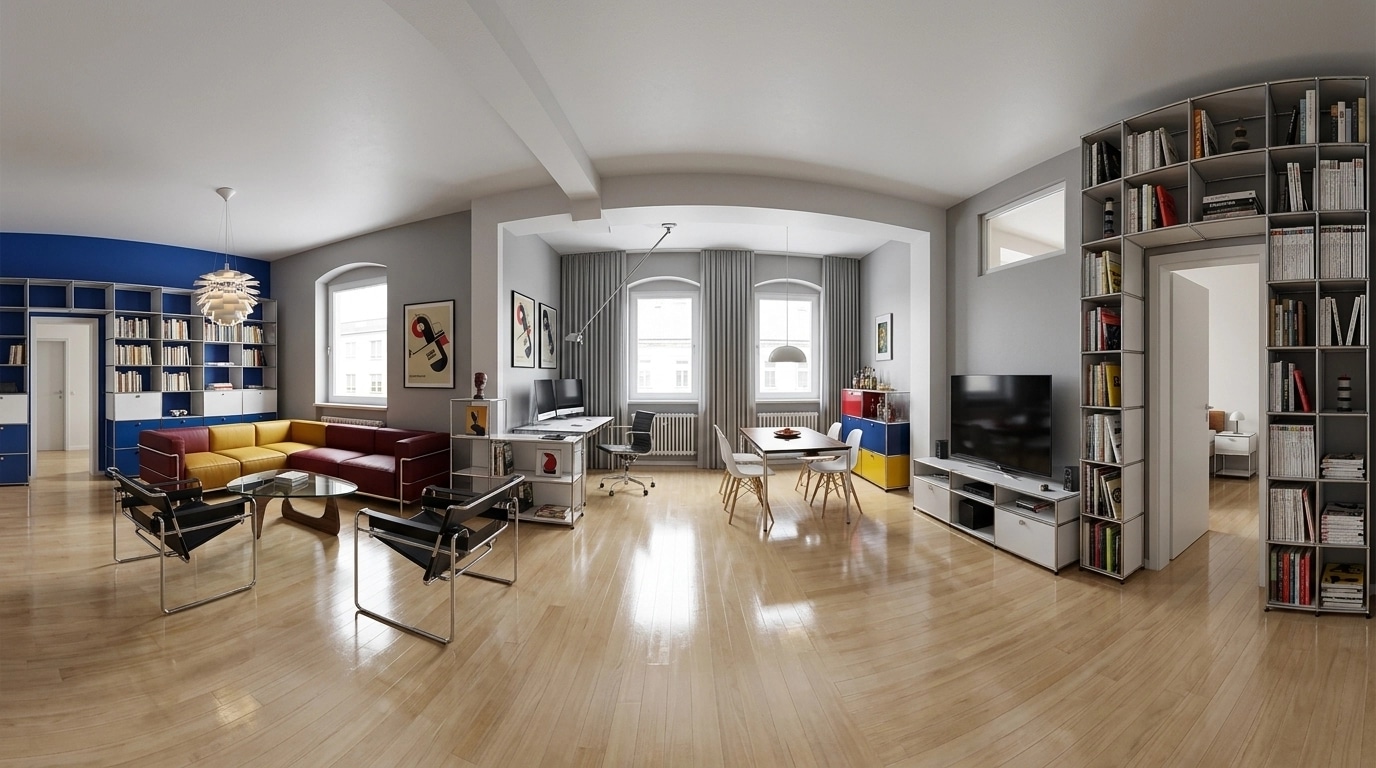 التصميم الداخلي بنمط Bauhaus — غرفة المعيشة من GenRoom AI