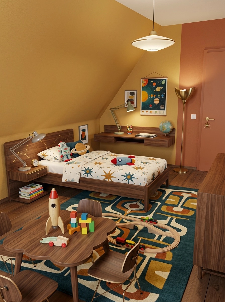 Mid-Century Modern Kids Room design — interior photo by GenRoom AI