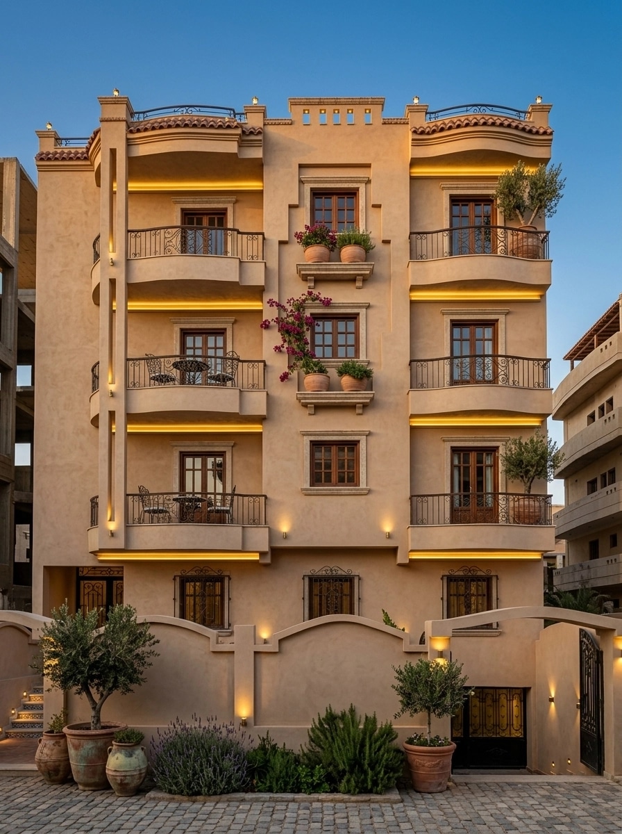Facade design in Mediterranean Facade style — photo by GenRoom AI
