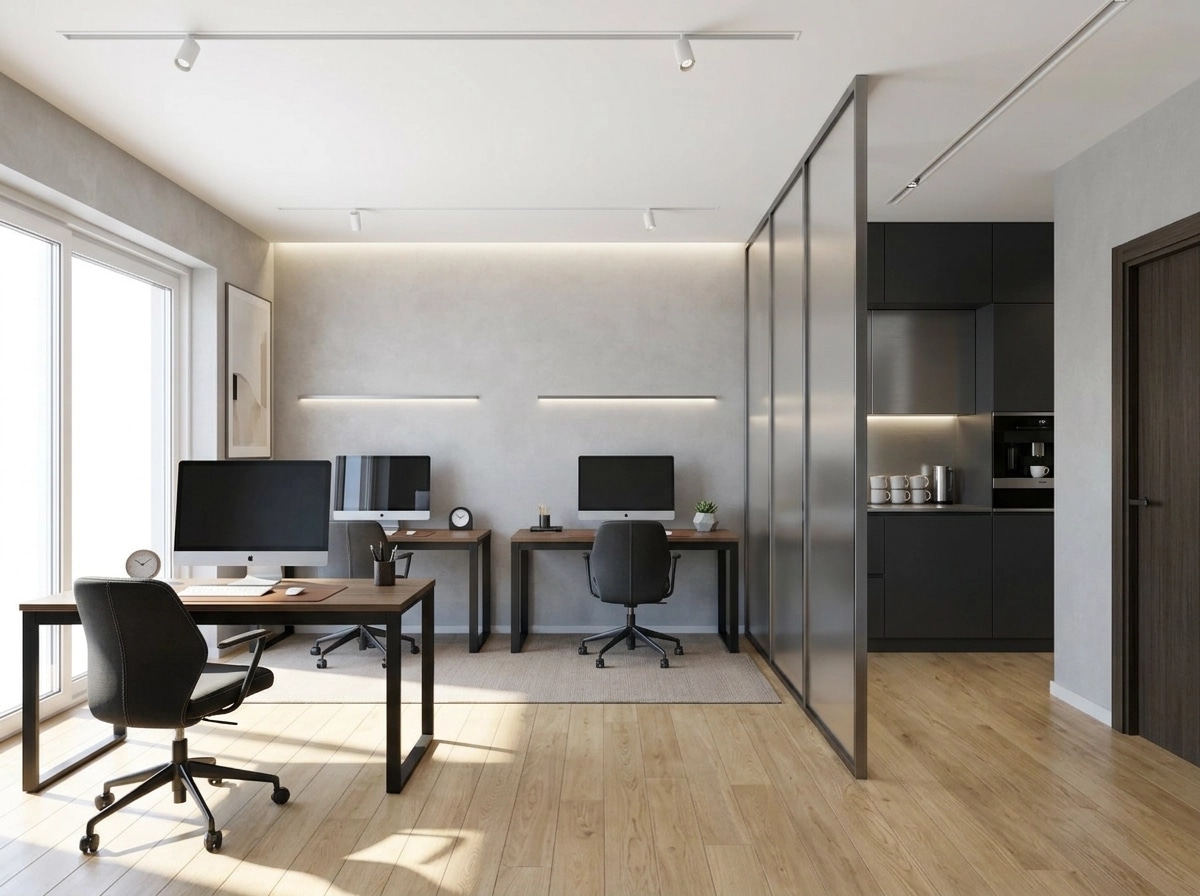Office interior in Minimalism style — photo by GenRoom AI