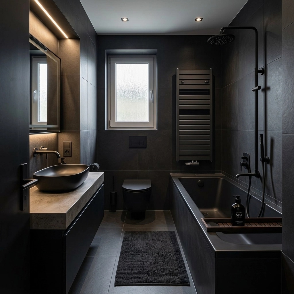Bathroom interior in Blacktec style — photo by GenRoom AI