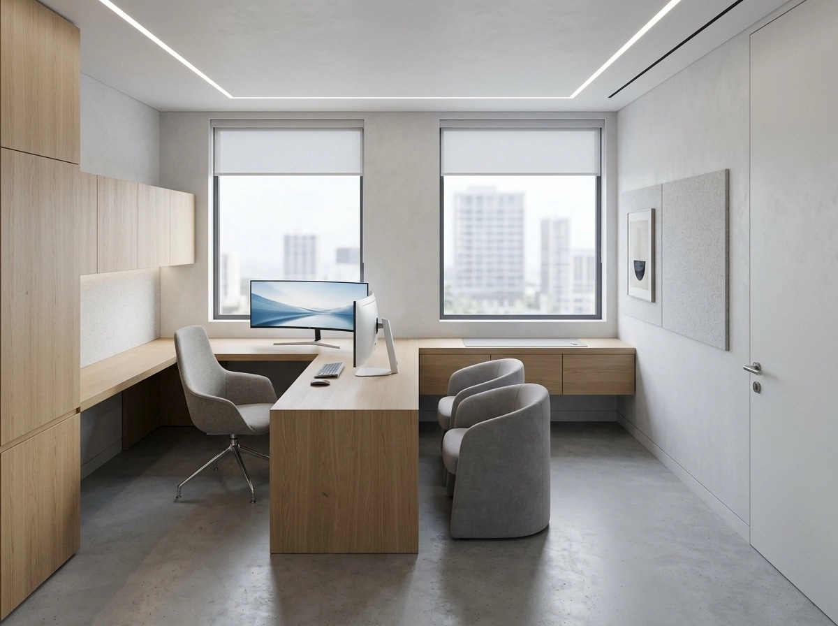 Office interior in Minimalism style — photo by GenRoom AI