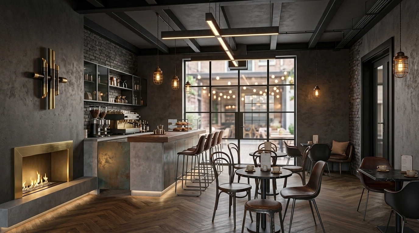 Interior design in Loft / Industrial style — cafe by GenRoom AI