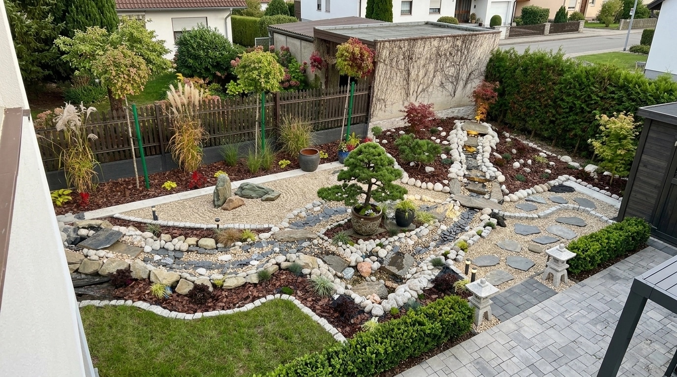 Návrh krajiny ve stylu Japanese Garden styl — Dvůr od GenRoom AI