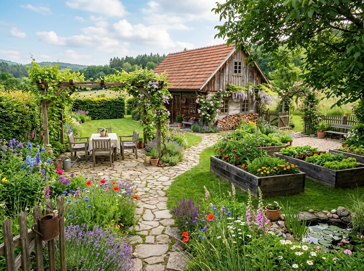 Country Rustic Garden Jardim design — yard photo by GenRoom AI