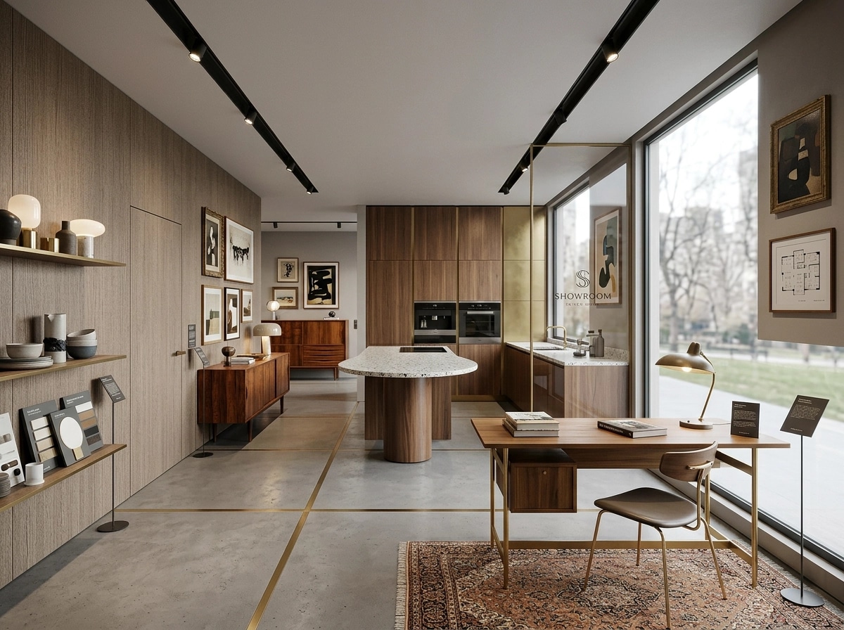 التصميم الداخلي بنمط Mid-Century Modern — showroom من GenRoom AI