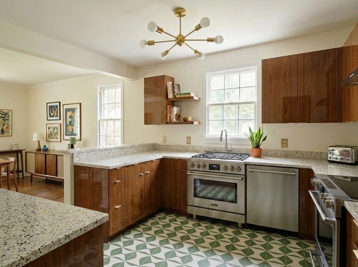 Kitchen interior in Mid-Century Modern style — photo by GenRoom AI