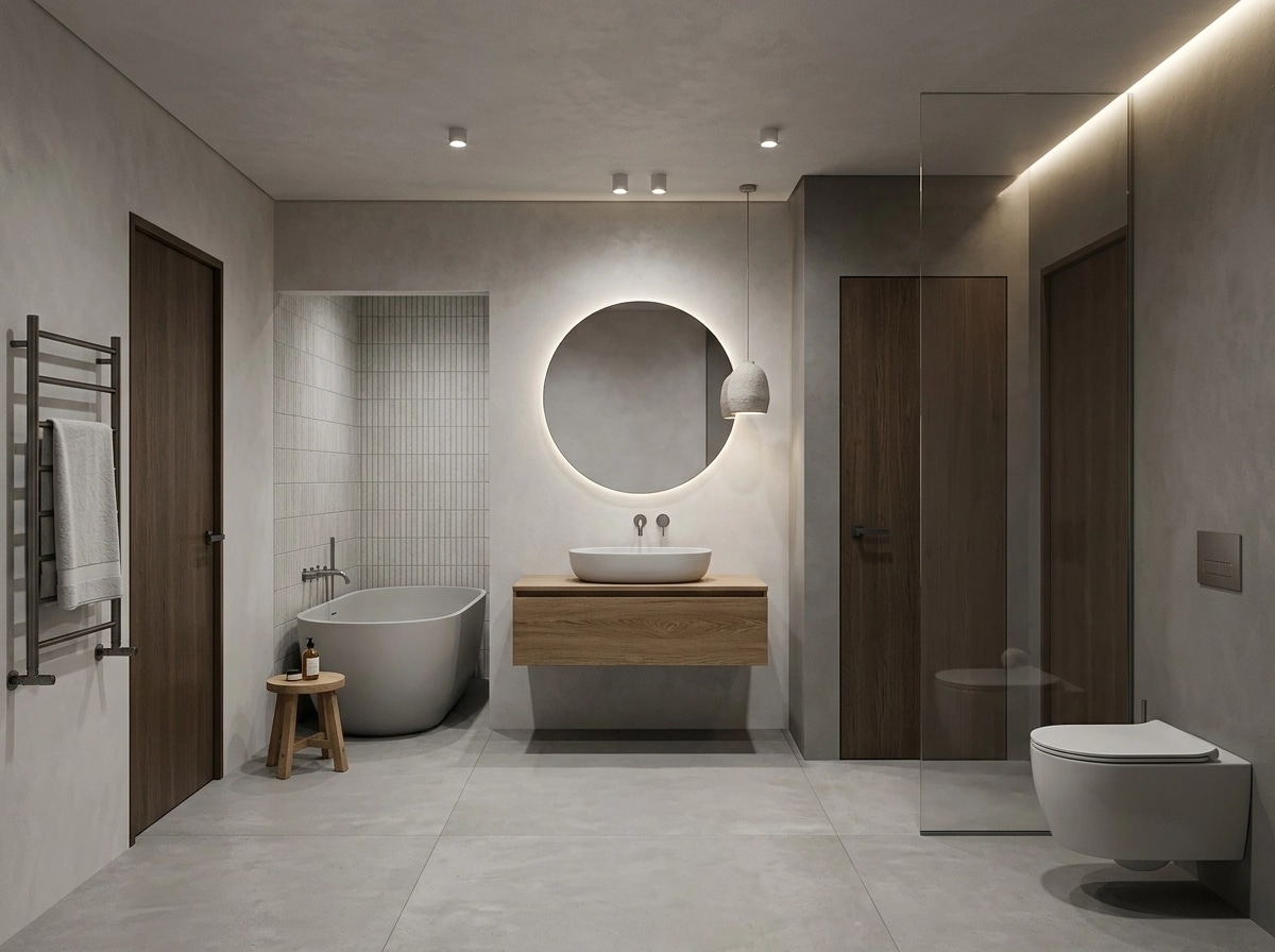 Bathroom interior in Minimalism style — photo by GenRoom AI