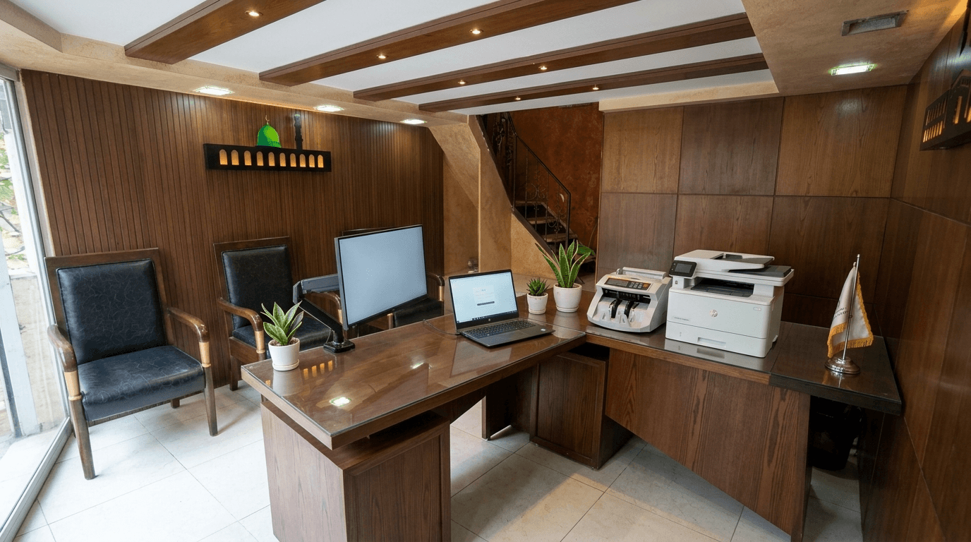 Office interior in Islamic Geometric style — photo by GenRoom AI
