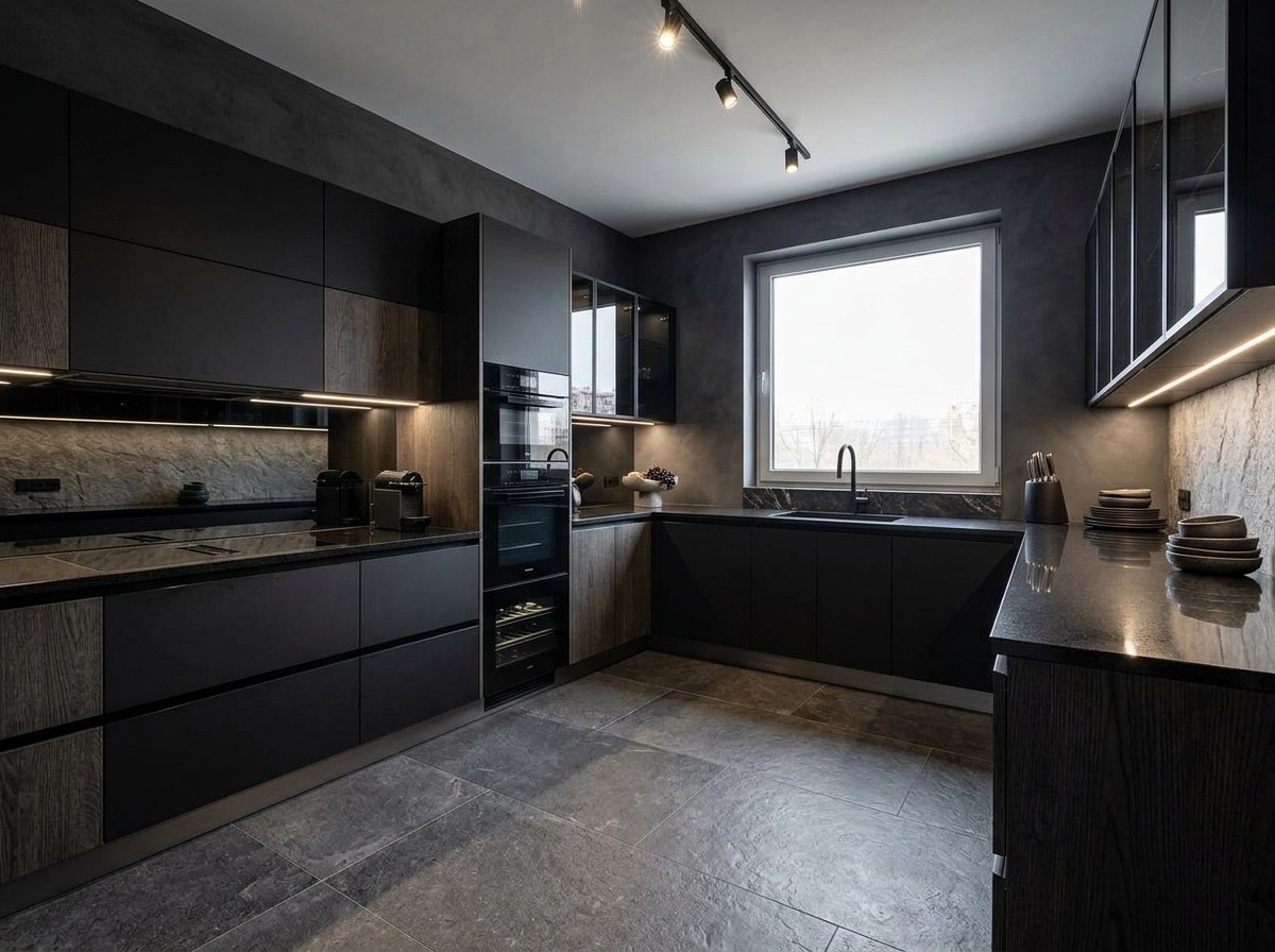 Kitchen interior in Blacktec style — photo by GenRoom AI