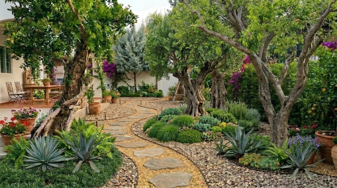 Peyzaj tasarımı Mediterranean Yard stili — Bahçe GenRoom AI