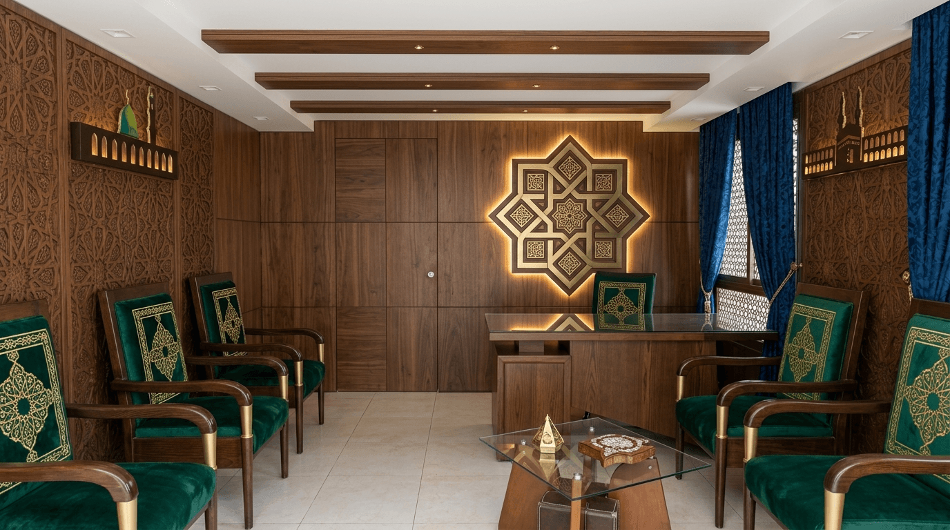 Office interior in Islamic Geometric style — photo by GenRoom AI