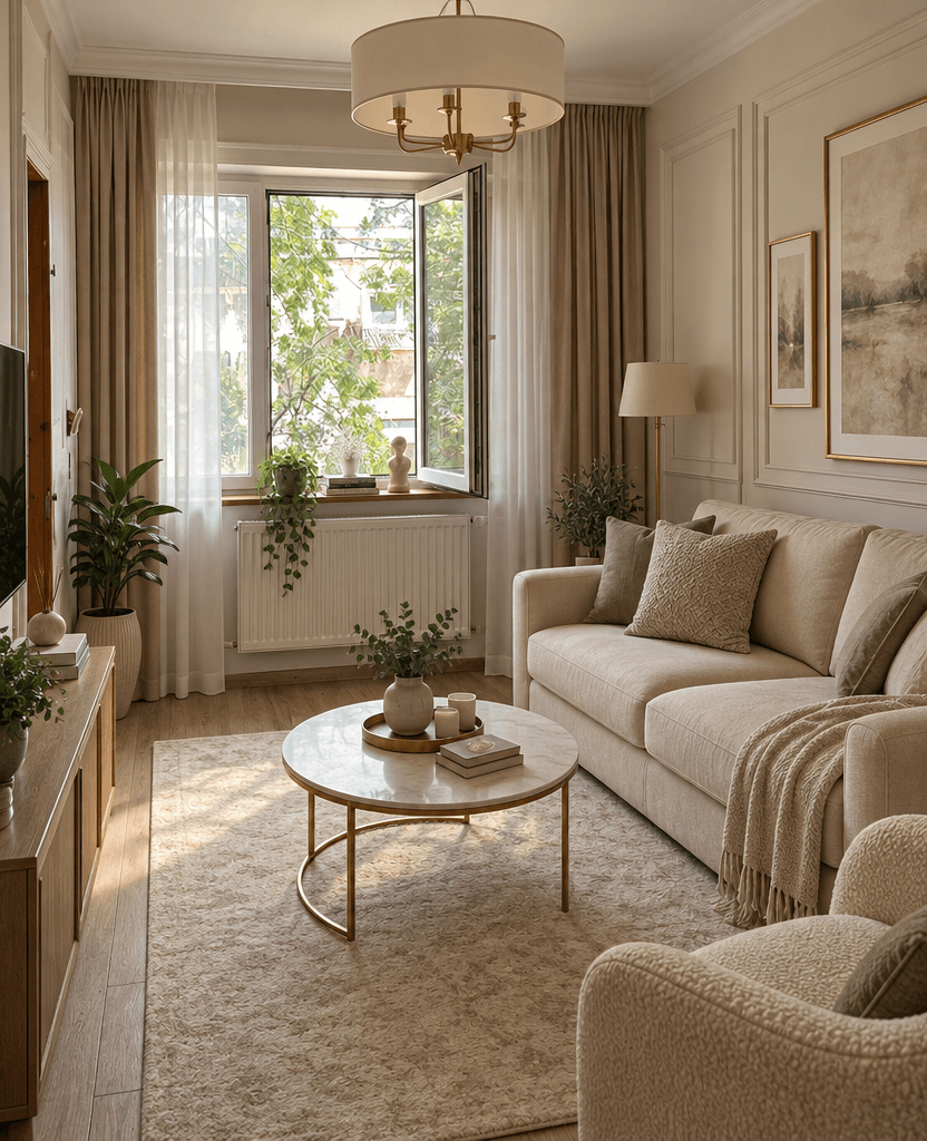 İç mekân tasarımı Neoclassic stili — Oturma Odası GenRoom AI