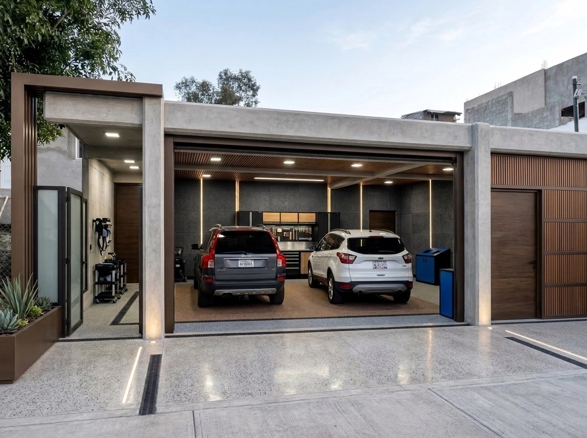 Facade design in Contemporary Facade style — garage by GenRoom AI