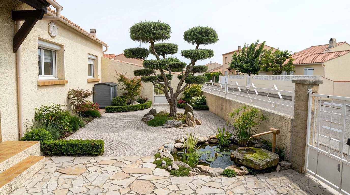 Návrh krajiny ve stylu Japanese Garden styl — Dvůr od GenRoom AI