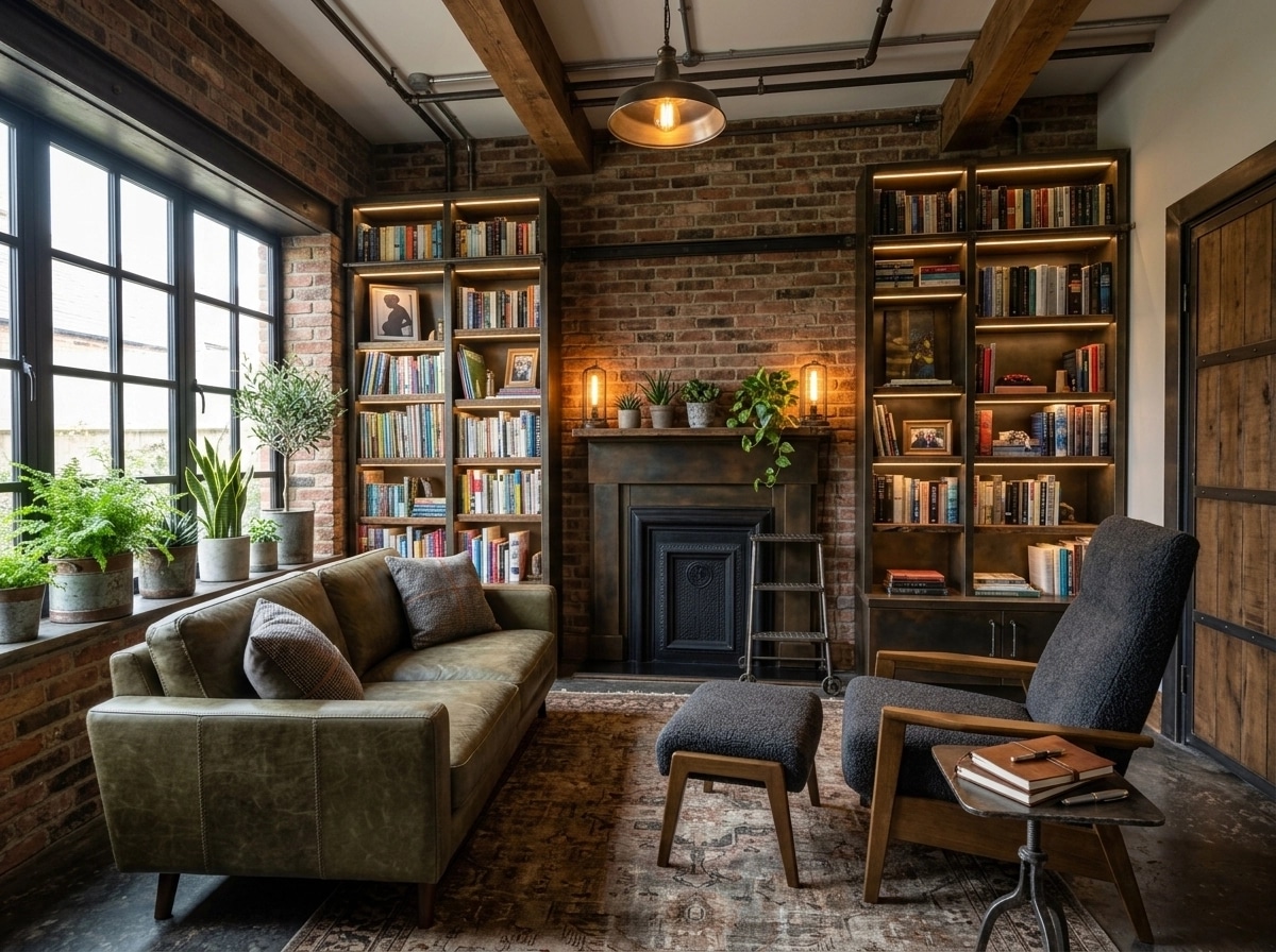 Interior design in Loft / Industrial style — library by GenRoom AI