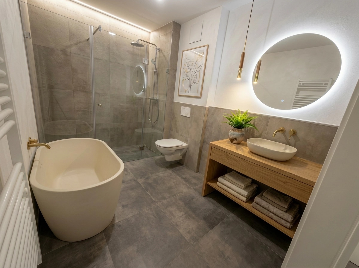 Bathroom interior in Japandi style — photo by GenRoom AI
