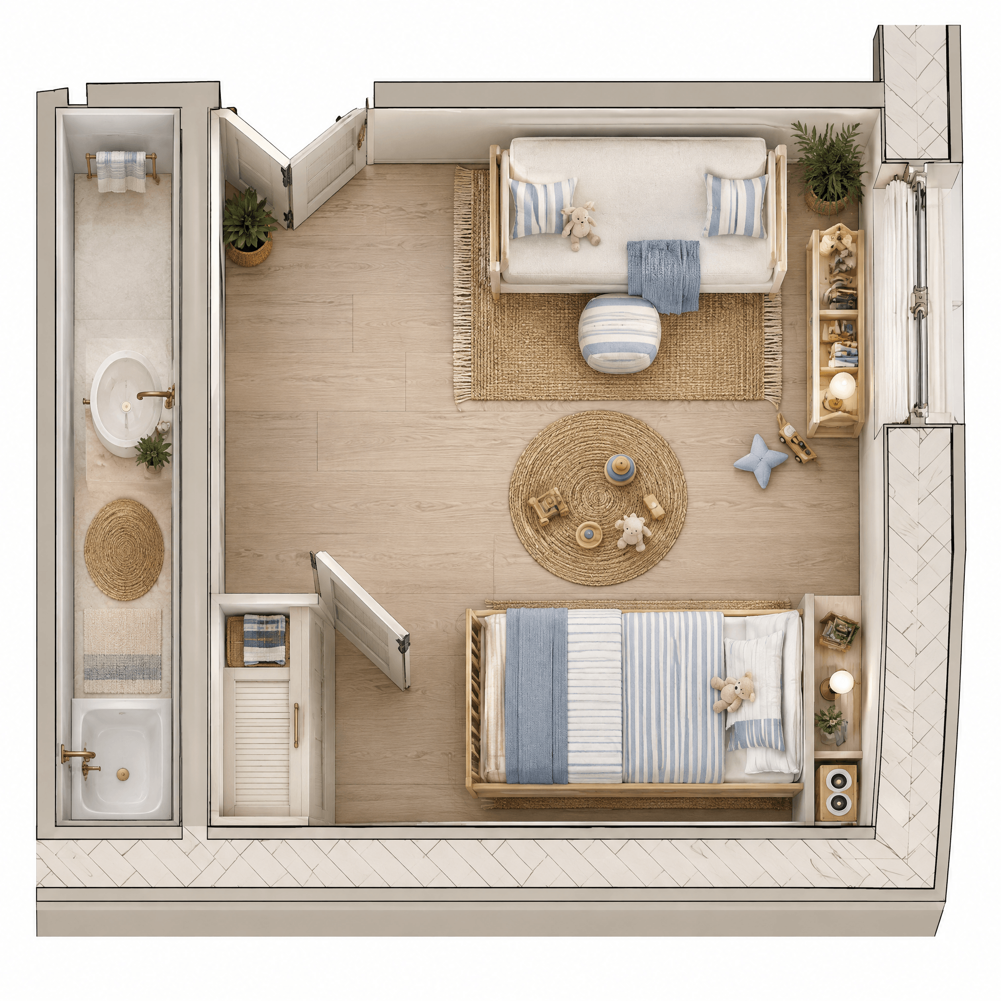 Návrh interiéru ve stylu Coastal / Hamptons styl — Obývací pokoj od GenRoom AI