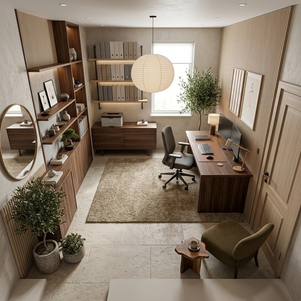 Office interior in Japandi style — photo by GenRoom AI