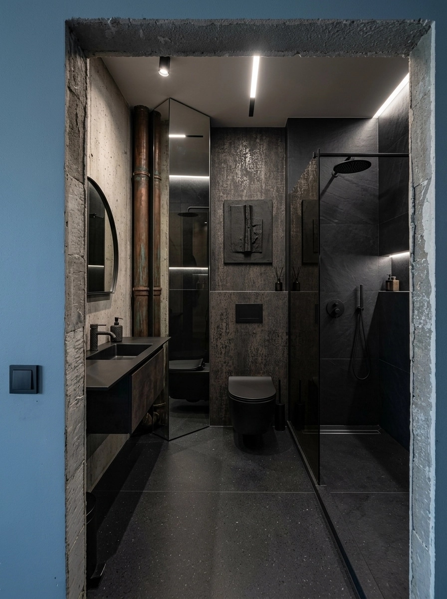 Bathroom interior in Blacktec style — photo by GenRoom AI