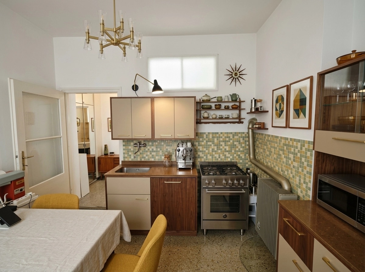 Kitchen interior in Mid-Century Modern style — photo by GenRoom AI