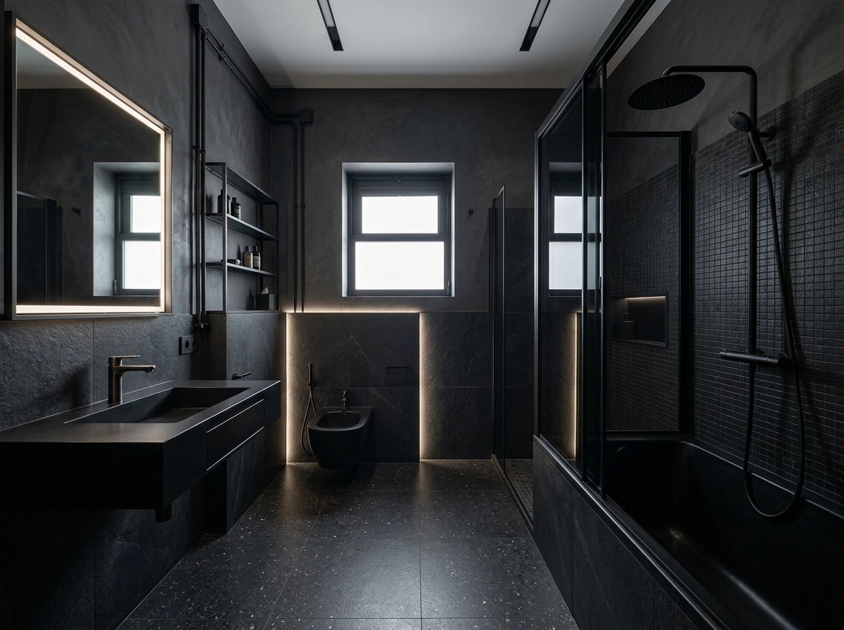 Bathroom interior in Blacktec style — photo by GenRoom AI