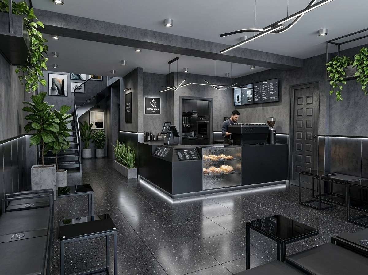 Interior design in Blacktec style — cafe by GenRoom AI