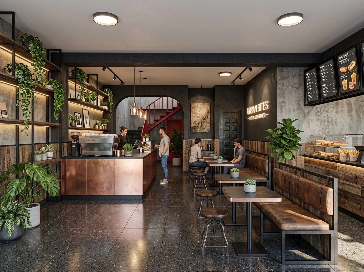 Interior design in Loft / Industrial style — cafe by GenRoom AI
