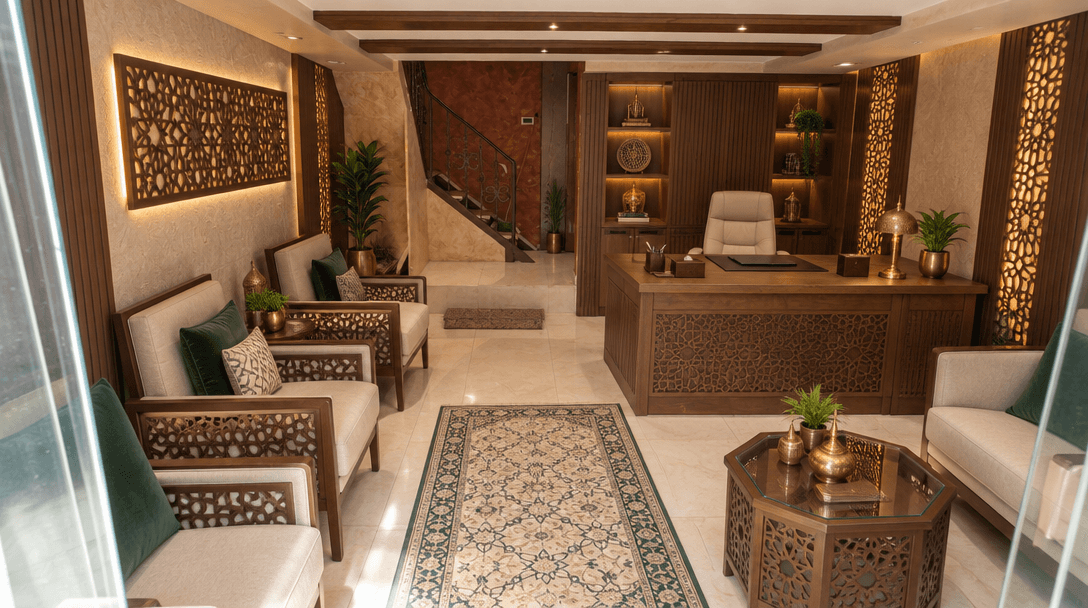 Office interior in Islamic Geometric style — photo by GenRoom AI