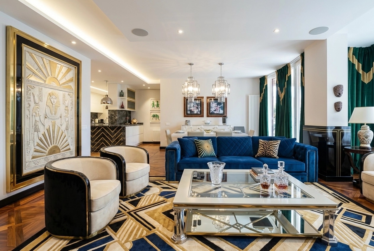 İç mekân tasarımı Art Deco stili — Oturma Odası GenRoom AI