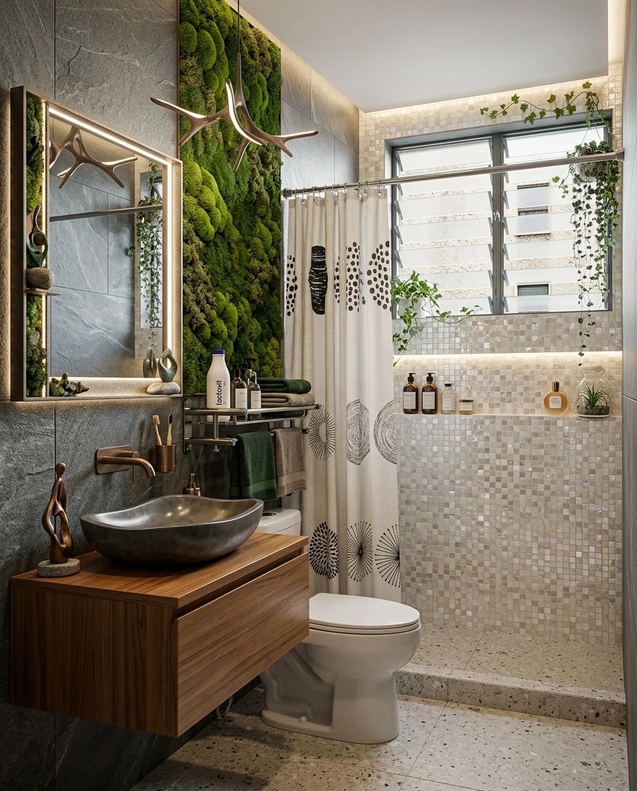 İç mekân tasarımı Biophilic stili — Banyo GenRoom AI