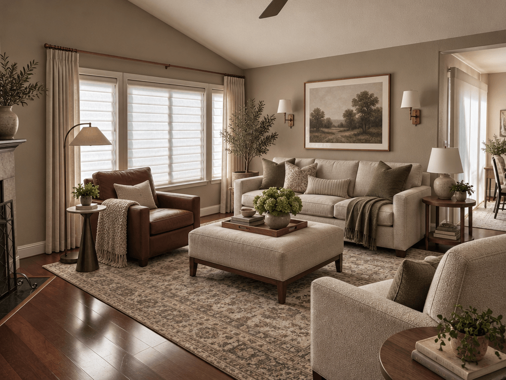 Interior desain di Transitional gaya — Ruang Tamu oleh GenRoom AI