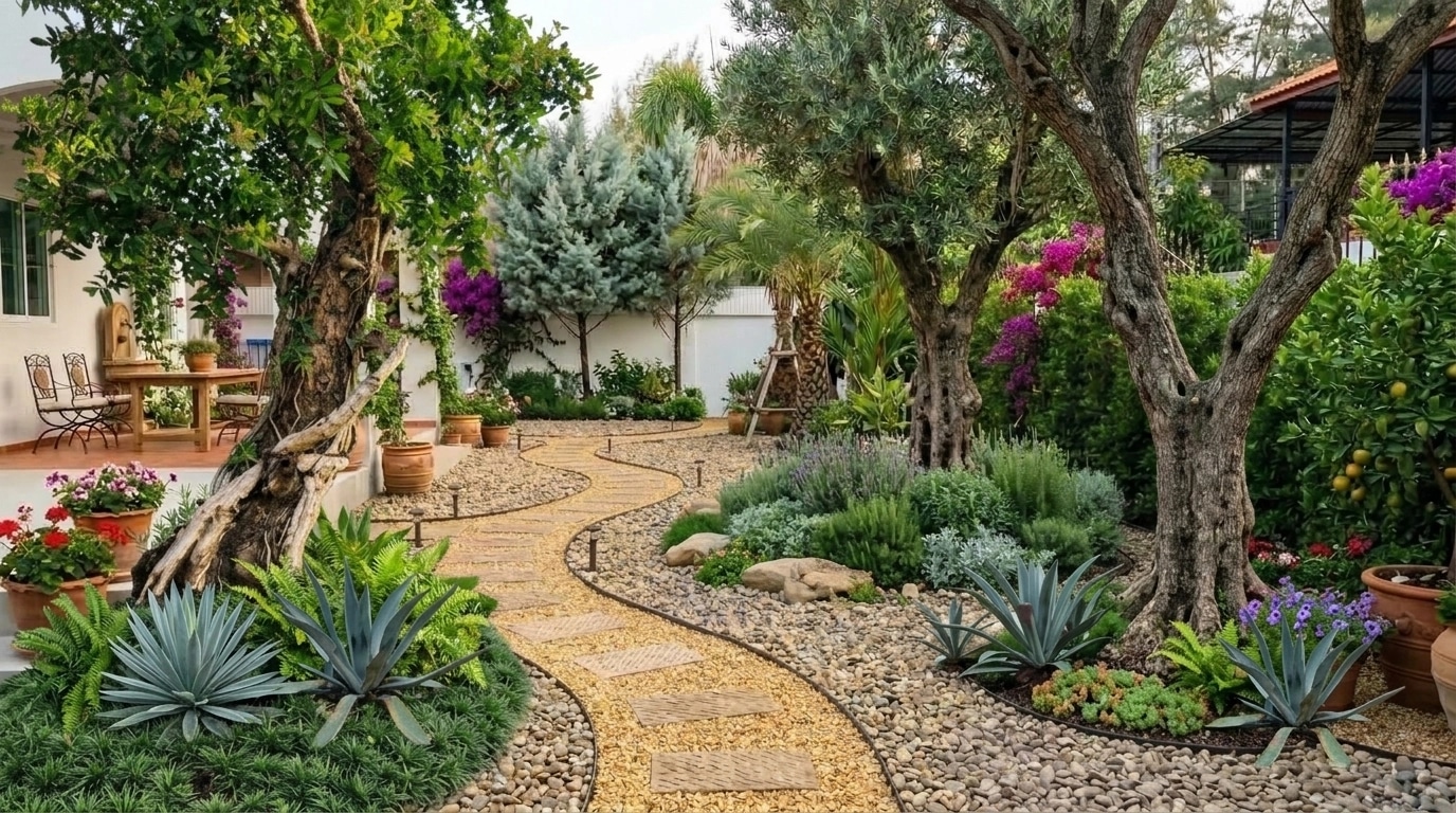 Peyzaj tasarımı Mediterranean Yard stili — Bahçe GenRoom AI