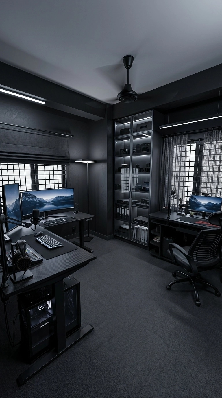 Office interior in Blacktec style — photo by GenRoom AI