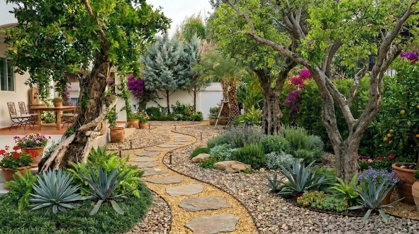 Peyzaj tasarımı Mediterranean Yard stili — Bahçe GenRoom AI
