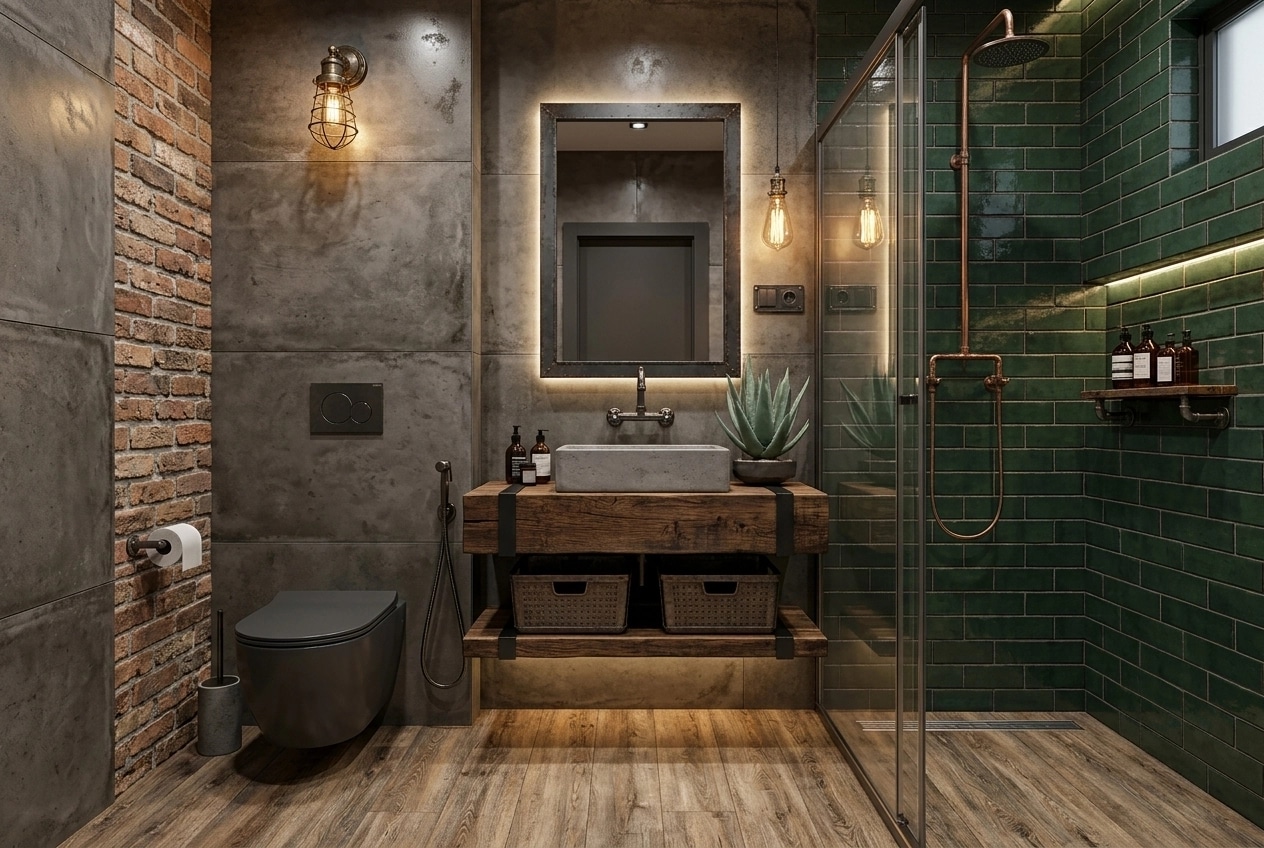 Bathroom interior in Loft / Industrial style — photo by GenRoom AI