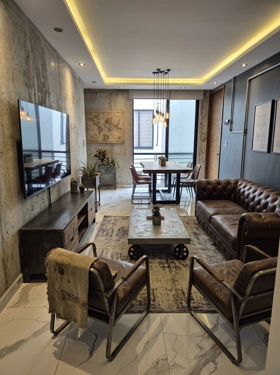 Interior desain di Loft / Industrial gaya — Ruang Tamu oleh GenRoom AI
