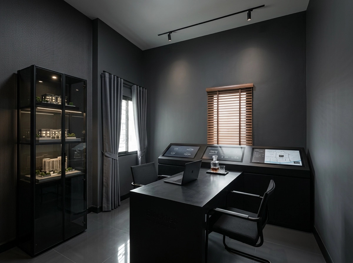 Office interior in Blacktec style — photo by GenRoom AI