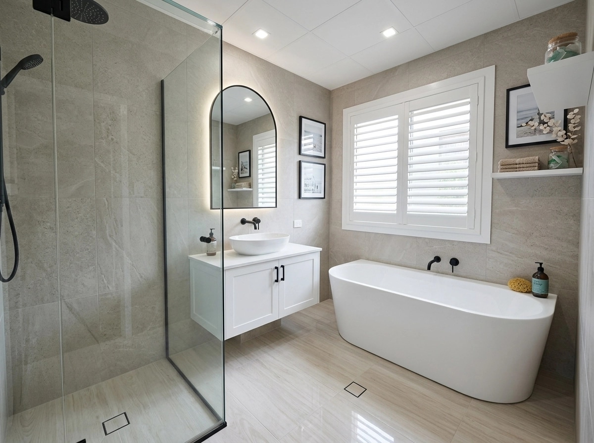 Bathroom interior in Coastal / Hamptons style — photo by GenRoom AI